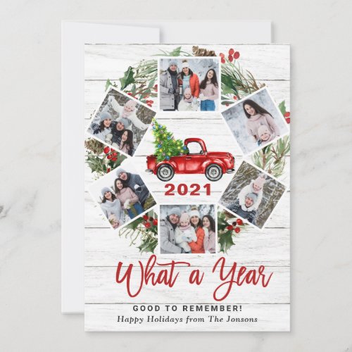 Funny What a Year Christmas Red Truck 6 PHOTO Holiday Card