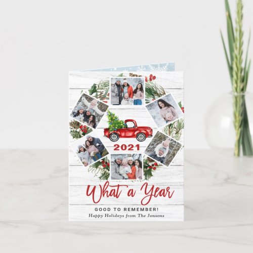 Funny What a Year Christmas Red Truck 6 PHOTO Holiday Card