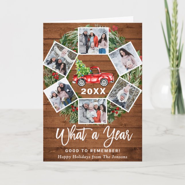 Funny What a Year Christmas Red Truck 6 PHOTO Holiday Card (Front)