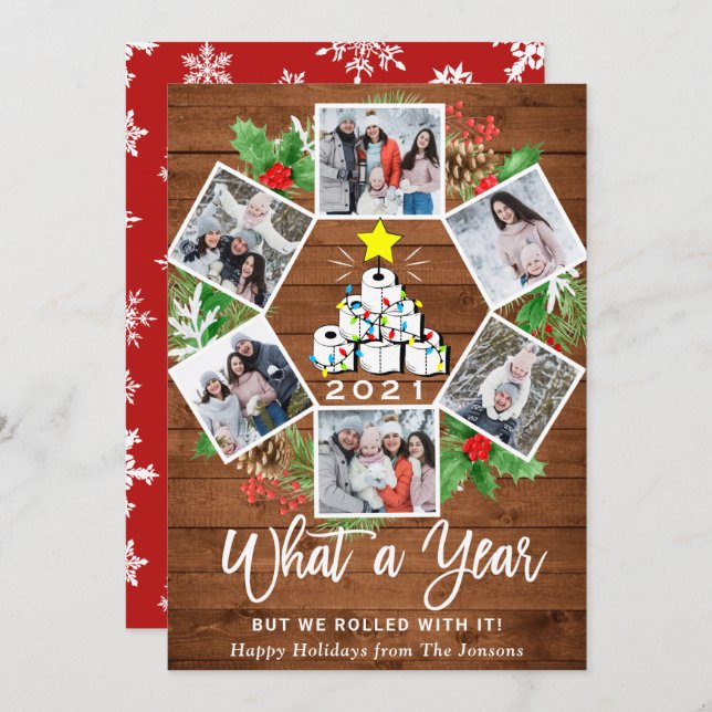 Funny What a Year Christmas Tree 6 PHOTO Holiday Card (Front/Back)