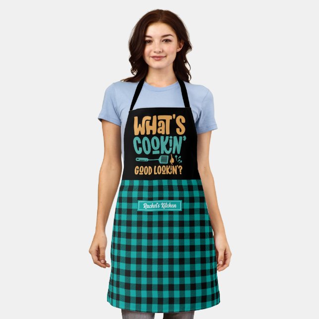 Funny What's Cooking Good Looking Plaid Pattern Apron (Worn)
