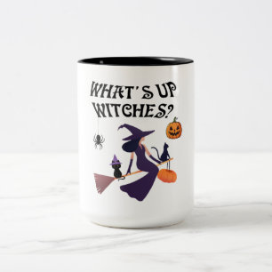 Funny What's Up Witches Halloween Witch and cat Two-Tone Coffee Mug