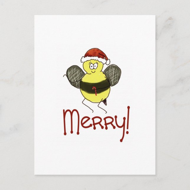 Funny Whimsical Bee Merry Christmas Holiday Postcard (Front)