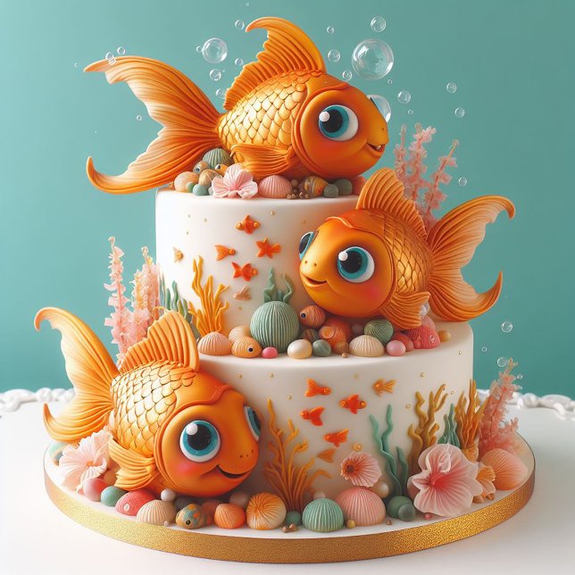 FUNNY WHIMSICAL BIG EYED GOLDFISH  BIRTHDAY CAKE CARD (Creator Uploaded)
