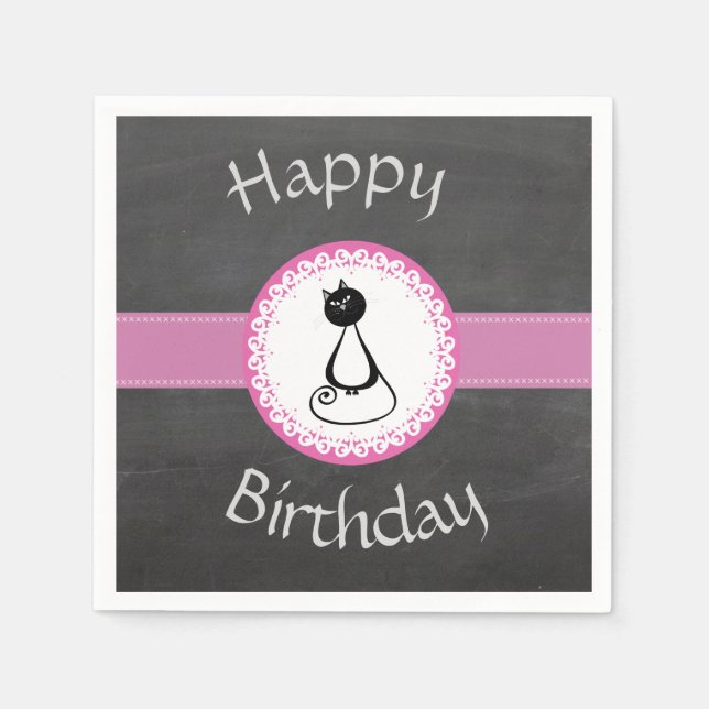 Funny  whimsical black cat chalkboard birthday napkins (Front)