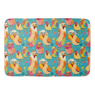 Funny Whimsical Cartoon Abstract Chickens Bath Mat