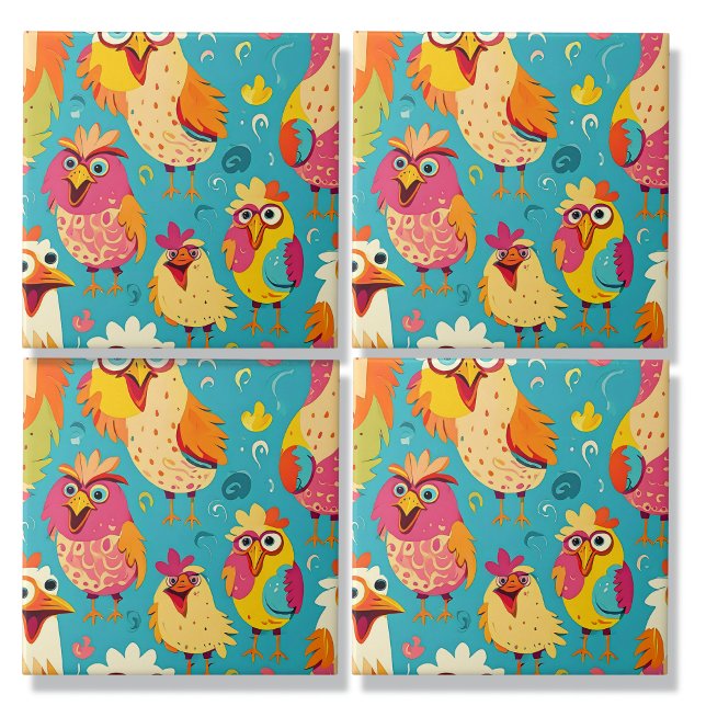Funny Whimsical Cartoon Abstract Chickens Ceramic Tile (Creator Uploaded)