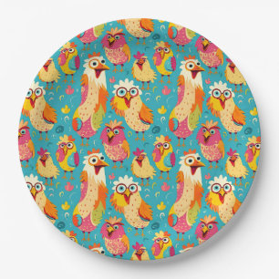 Funny Whimsical Cartoon Abstract Chickens Paper Plates