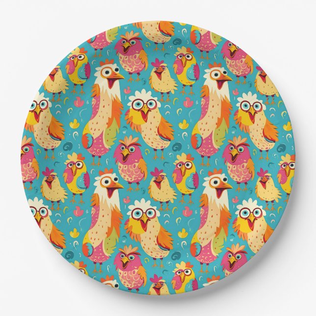 Funny Whimsical Cartoon Abstract Chickens Paper Plates (Front)