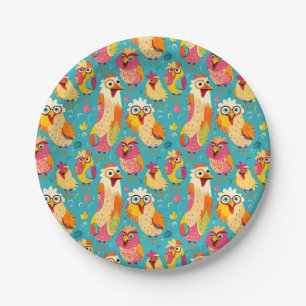 Funny Whimsical Cartoon Abstract Chickens Paper Plates