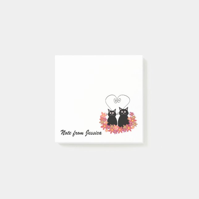 Funny whimsical cat love couple personalized post-it notes (Front)