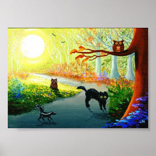 Funny Whimsical Cat Owl Skunk Raccoon Forest Poster