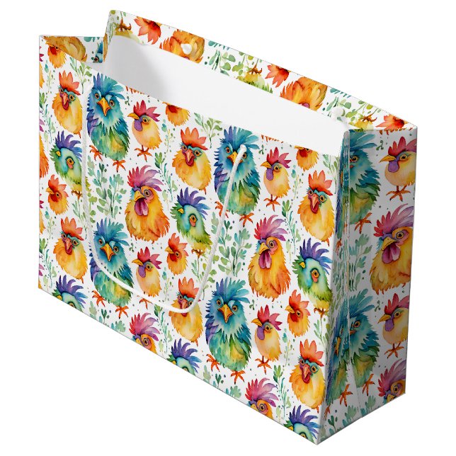 Funny Whimsical Chickens Colorful Birthday Large Gift Bag (Front Angled)