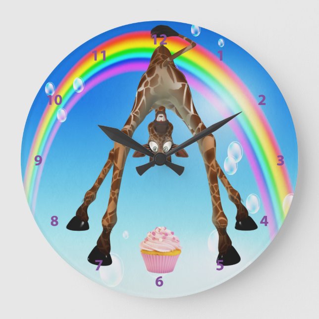 Funny Whimsical Giraffe Cupcake & Rainbow Large Clock (Front)