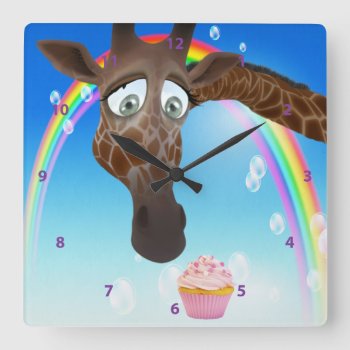 Funny Whimsical Giraffe  Cupcake & Rainbow Square Wall Clock by Just_Giraffes at Zazzle