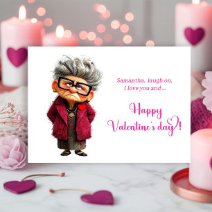 Funny Whimsical Lady Hot Pink Joy Valentine Holiday Card