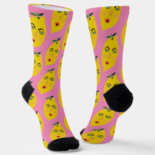 Funny Whimsical Lemon Pattern Pink Socks