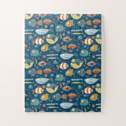 Funny Whimsical Ocean Sea Fish Blue Pattern Jigsaw Puzzle