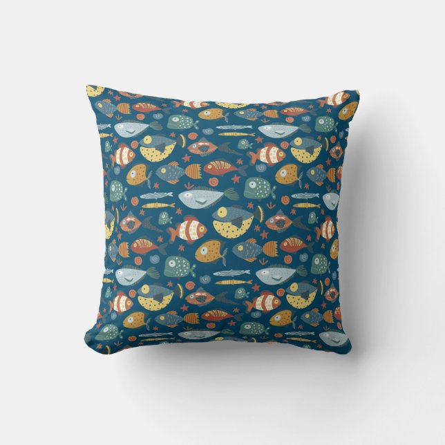 Funny Whimsical Ocean Sea Fish Blue Pattern Throw Pillow (Front)