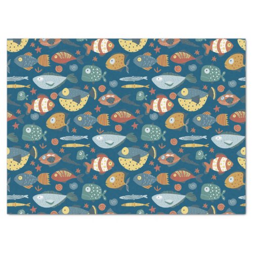 Funny Whimsical Ocean Sea Fish Blue Pattern Tissue Paper