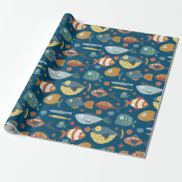 Funny Whimsical Ocean Sea Fish Blue Pattern Wrapping Paper