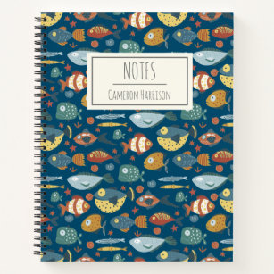 Funny Whimsical Ocean Sea Fish Blue Personalized Notebook