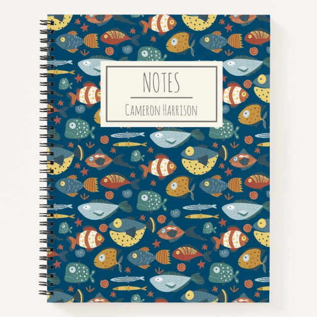 Funny Whimsical Ocean Sea Fish Blue Personalized Notebook (Front)