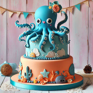FUNNY WHIMSICAL OCTOPUS THEME KIDS BIRTHDAY CAKE CARD
