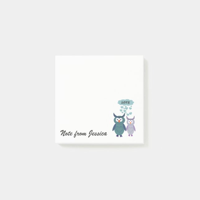 Funny whimsical owl love couple personalized post-it notes (Front)