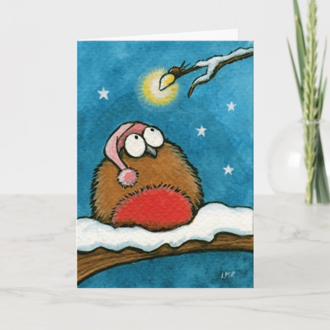 Funny Whimsical Robin and Glow-Bug Festive Card (Front)