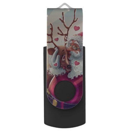 Funny Whimsical Santa And Reindeer Festive Holiday Flash Drive