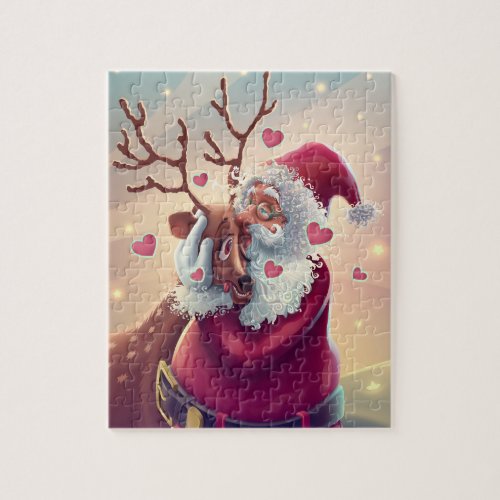 Funny Whimsical Santa And Reindeer Festive Holiday Jigsaw Puzzle