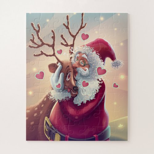 Funny Whimsical Santa And Reindeer Festive Holiday Jigsaw Puzzle