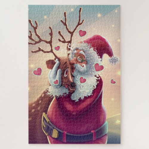 Funny Whimsical Santa And Reindeer Festive Holiday Jigsaw Puzzle