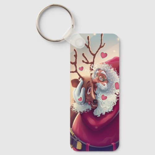 Funny Whimsical Santa And Reindeer Festive Holiday Keychain