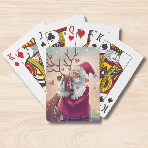Funny Whimsical Santa And Reindeer Festive Holiday Poker Cards