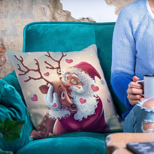 Funny Whimsical Santa And Reindeer Festive Holiday Throw Pillow