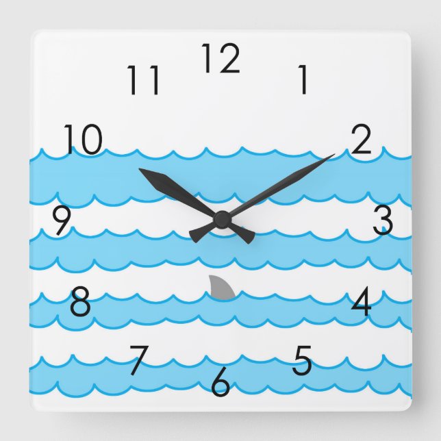 Funny Whimsical Shark Fin on Water Illustration Square Wall Clock (Front)