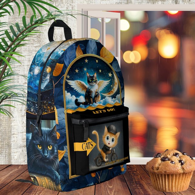 Funny Whimsical Spiritual Cat Printed Backpack (Funny spiritual backpack featuring a colorful whimsical kitty exploring the universe)