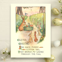 Funny Whimsical Vintage Easter Bunnies and Rhyme Postcard