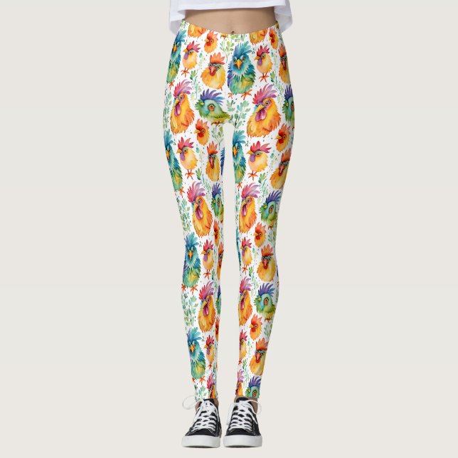 Funny Whimsical Watercolor Style Chickens Leggings (Front)