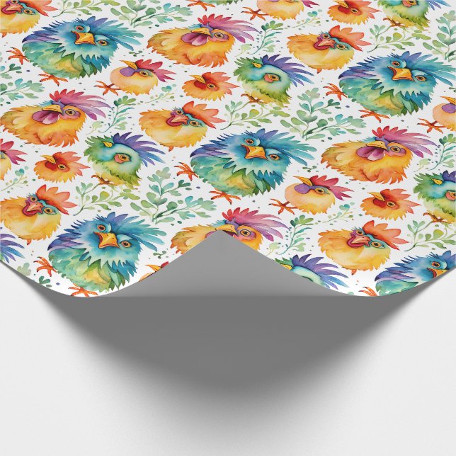 Funny Whimsical Watercolor Style Chickens Wrapping Paper (Corner)