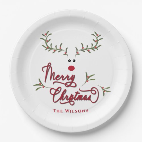 Funny whimsy holly berry reindeer Holiday  Paper Plates