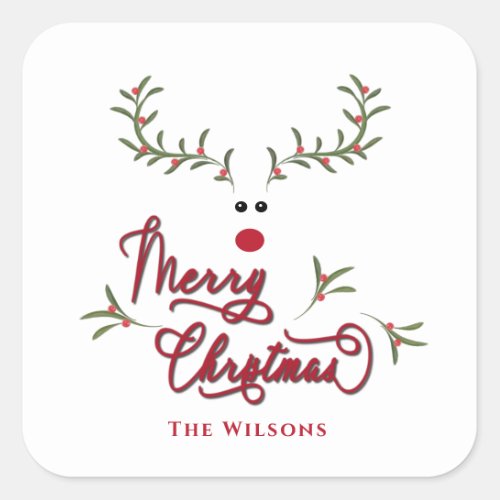Funny whimsy holly berry reindeer Holiday  Square Sticker