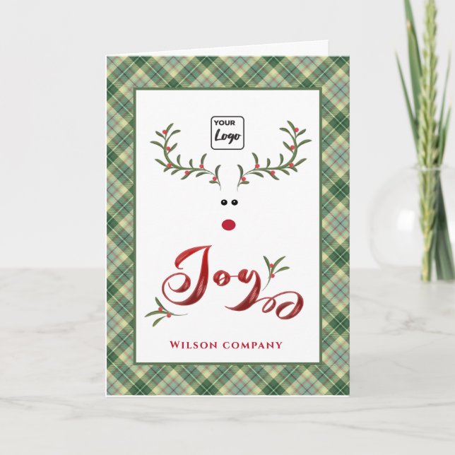 Funny whimsy holly reindeer joy logo holiday card (Front)