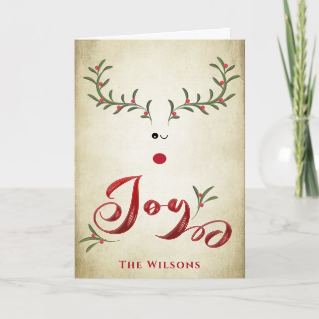 Funny whimsy holly reindeer joy non photo Holiday  (Front)