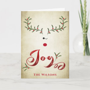 Funny whimsy holly reindeer joy non photo Holiday Card