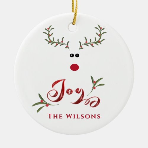 Funny whimsy holly reindeer joy non photo Holiday Ceramic Ornament