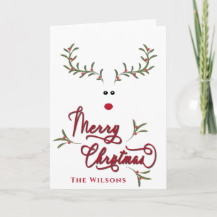 Funny whimsy holly reindeer  non photo Holiday Card