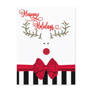 Funny whimsy holly reindeer red bow  holiday card